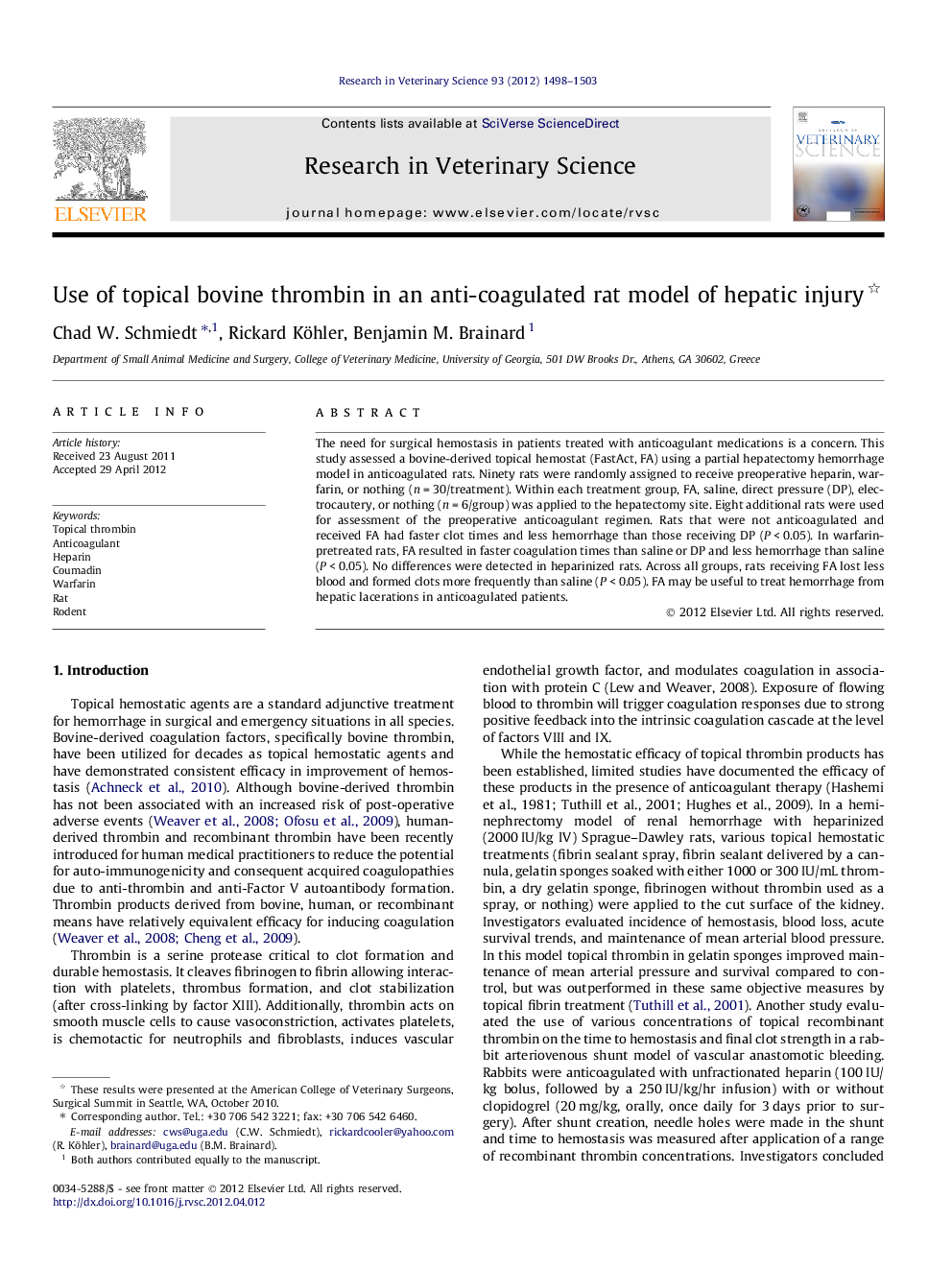 Use of topical bovine thrombin in an anti-coagulated rat model of hepatic injury 