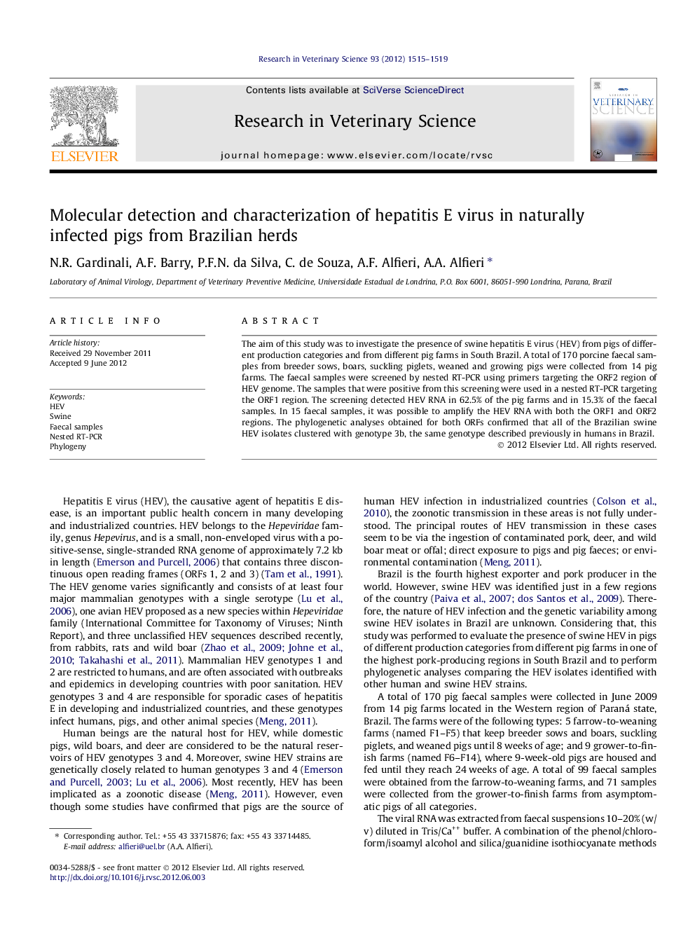 Molecular detection and characterization of hepatitis E virus in naturally infected pigs from Brazilian herds