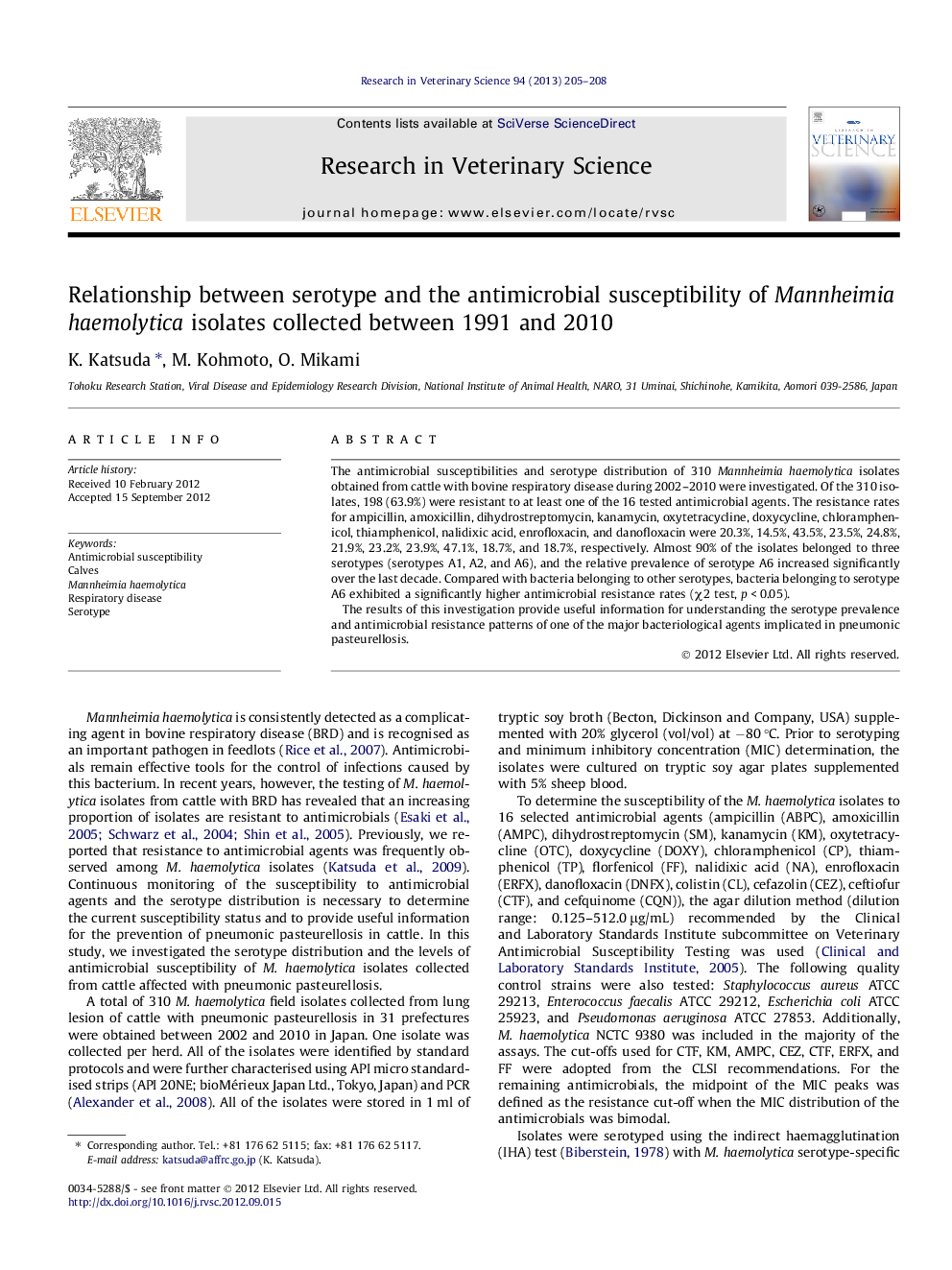 Relationship between serotype and the antimicrobial susceptibility of Mannheimia haemolytica isolates collected between 1991 and 2010