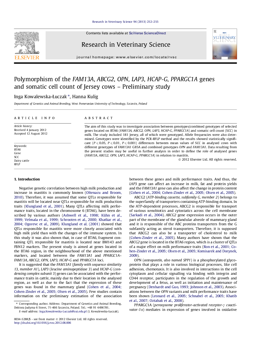 Polymorphism of the FAM13A, ABCG2, OPN, LAP3, HCAP-G, PPARGC1A genes and somatic cell count of Jersey cows – Preliminary study