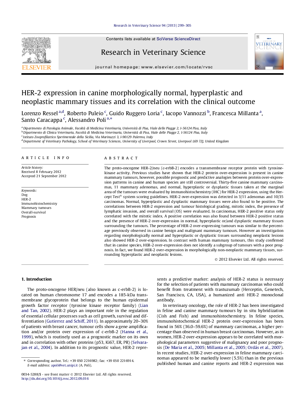 HER-2 expression in canine morphologically normal, hyperplastic and neoplastic mammary tissues and its correlation with the clinical outcome