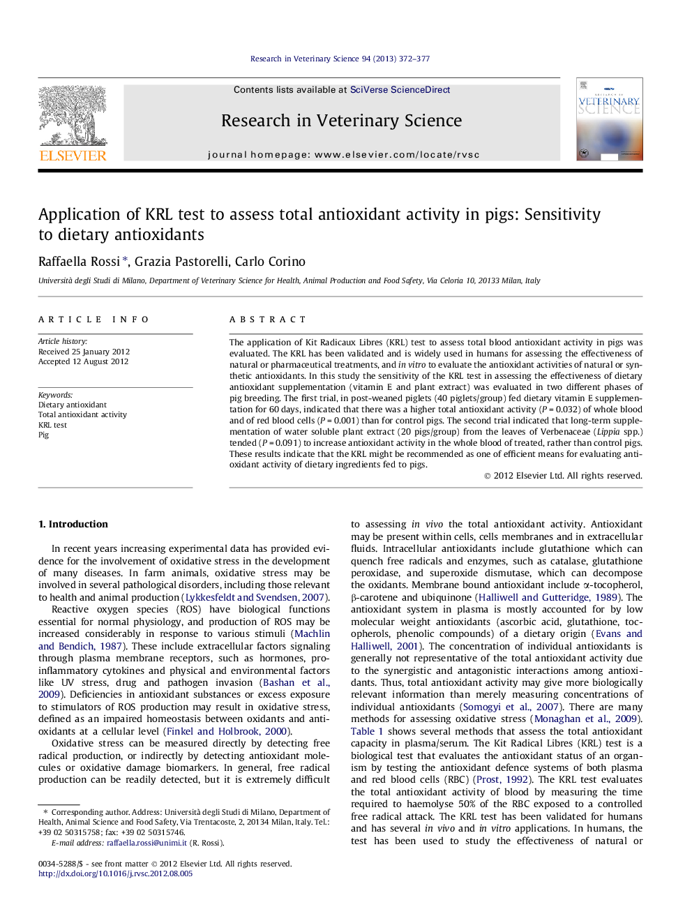 Application of KRL test to assess total antioxidant activity in pigs: Sensitivity to dietary antioxidants