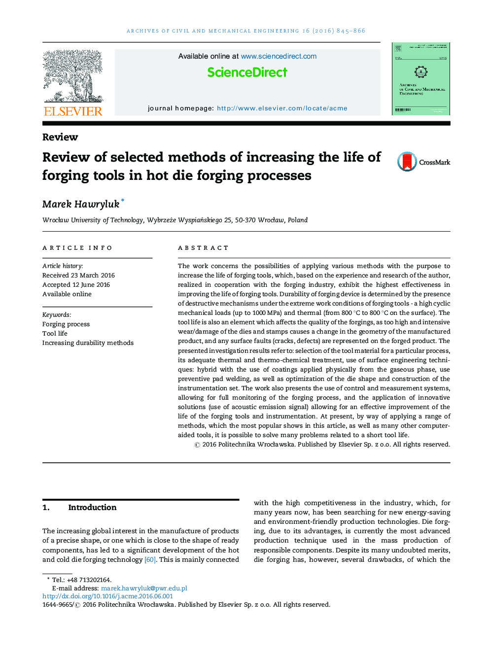 Review of selected methods of increasing the life of forging tools in hot die forging processes