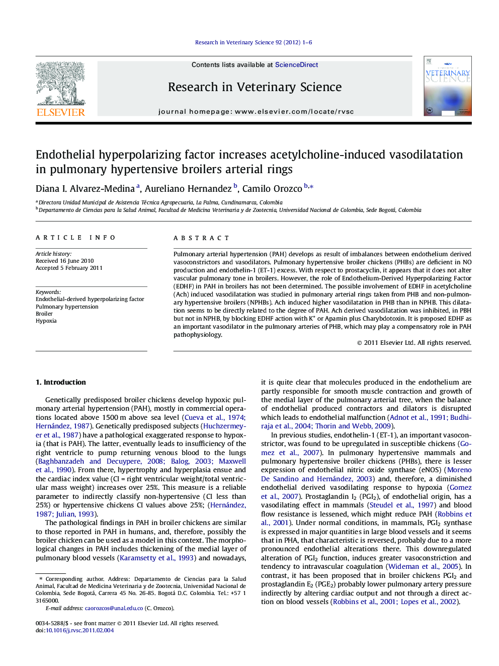 Endothelial hyperpolarizing factor increases acetylcholine-induced vasodilatation in pulmonary hypertensive broilers arterial rings