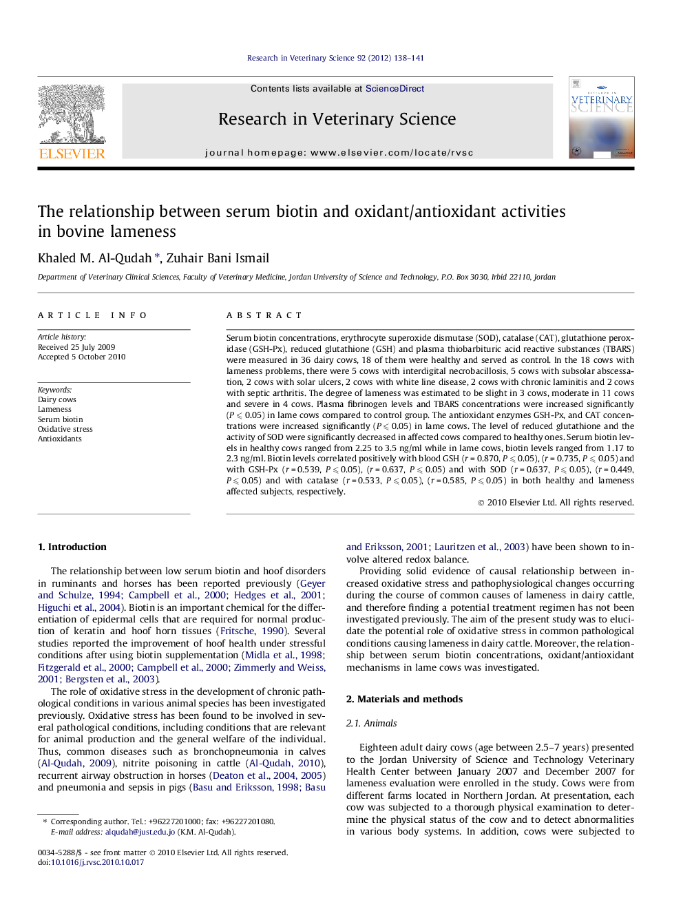عکس صفحه اول مقاله: The relationship between serum biotin and oxidant/antioxidant activities in bovine lameness The relationship between serum biotin and oxidant/antioxidant activities in bovine lameness