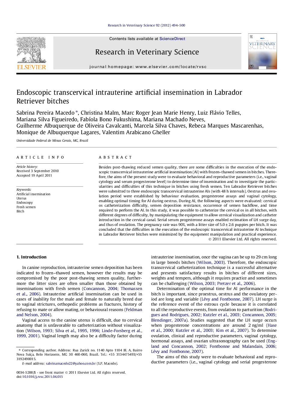 Endoscopic transcervical intrauterine artificial insemination in Labrador Retriever bitches