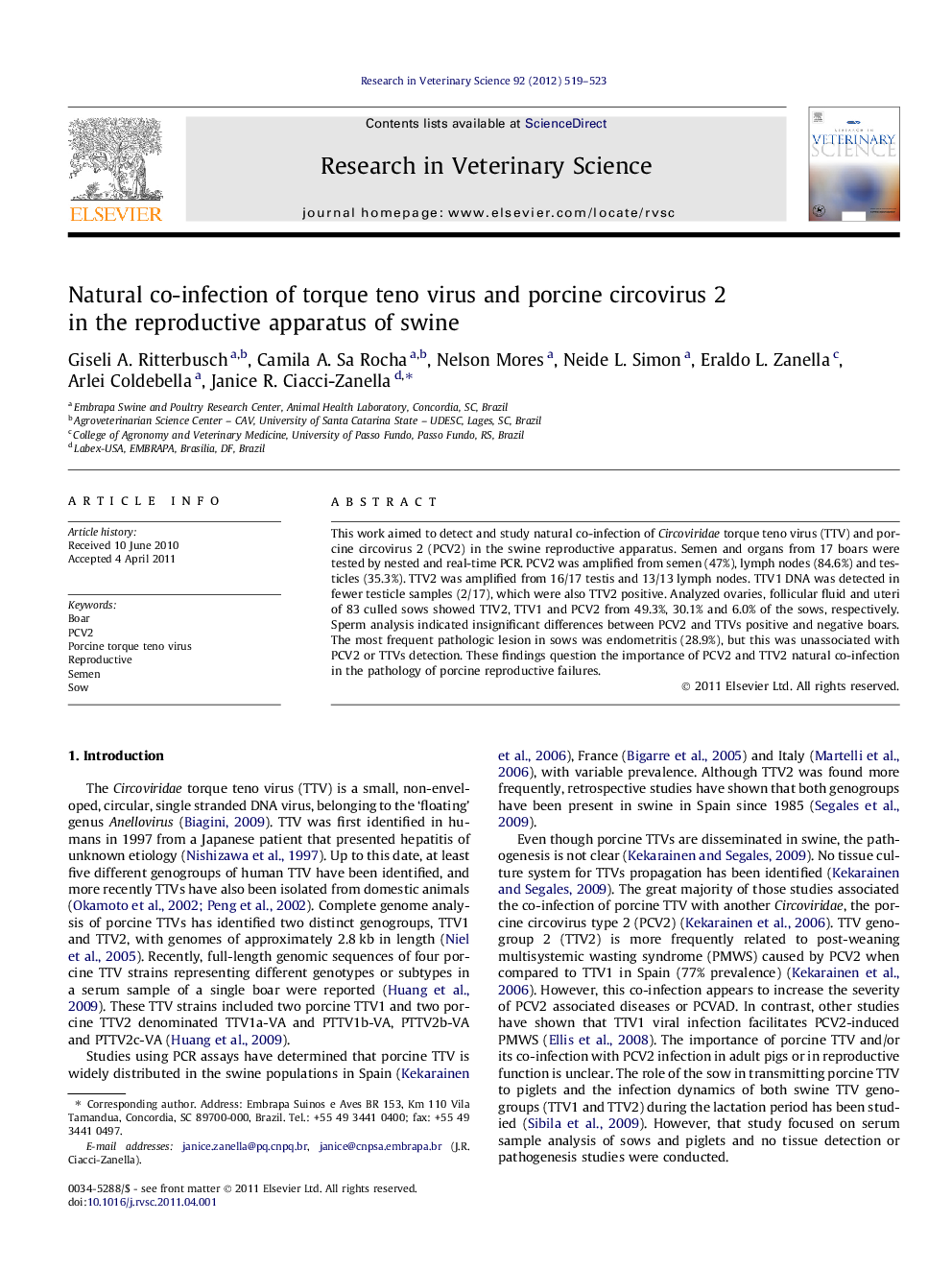 Natural co-infection of torque teno virus and porcine circovirus 2 in the reproductive apparatus of swine