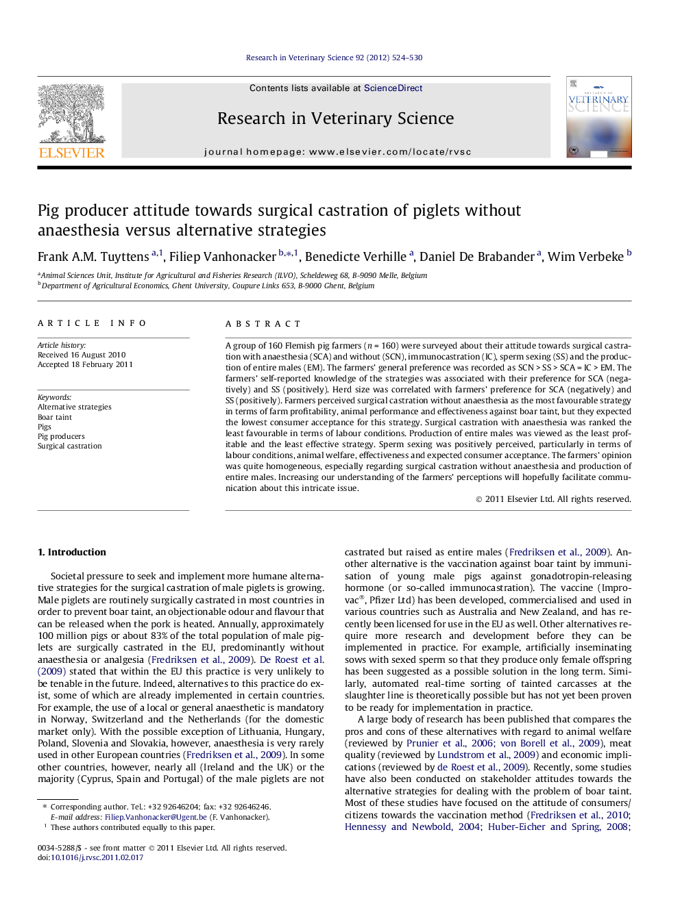 Pig producer attitude towards surgical castration of piglets without anaesthesia versus alternative strategies