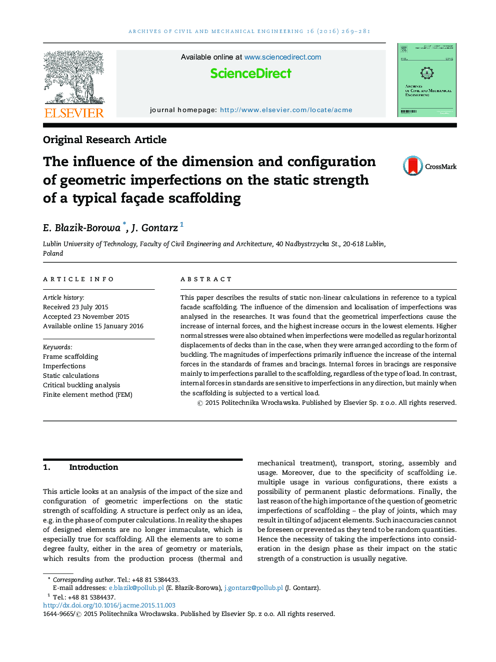 The influence of the dimension and configuration of geometric imperfections on the static strength of a typical façade scaffolding