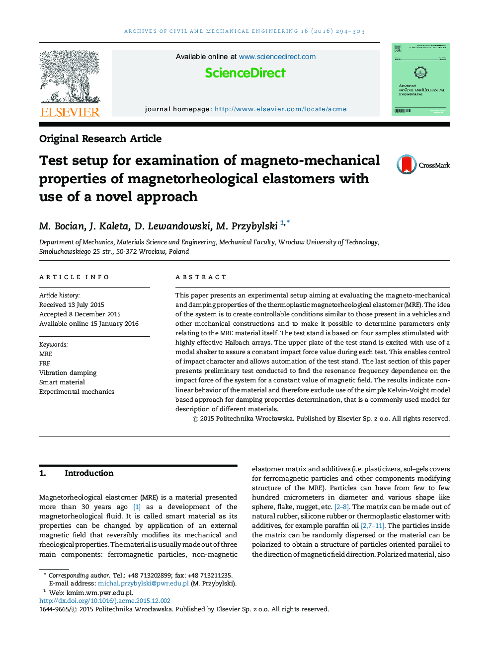 Test setup for examination of magneto-mechanical properties of magnetorheological elastomers with use of a novel approach