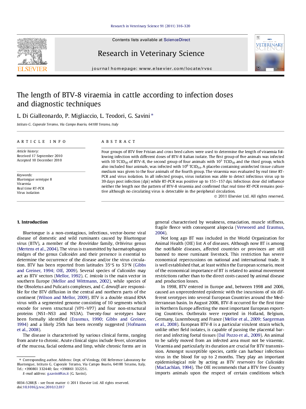 The length of BTV-8 viraemia in cattle according to infection doses and diagnostic techniques