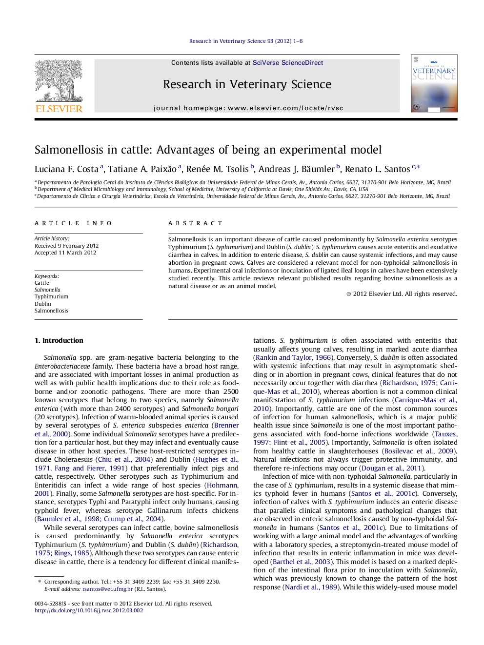 Salmonellosis in cattle: Advantages of being an experimental model