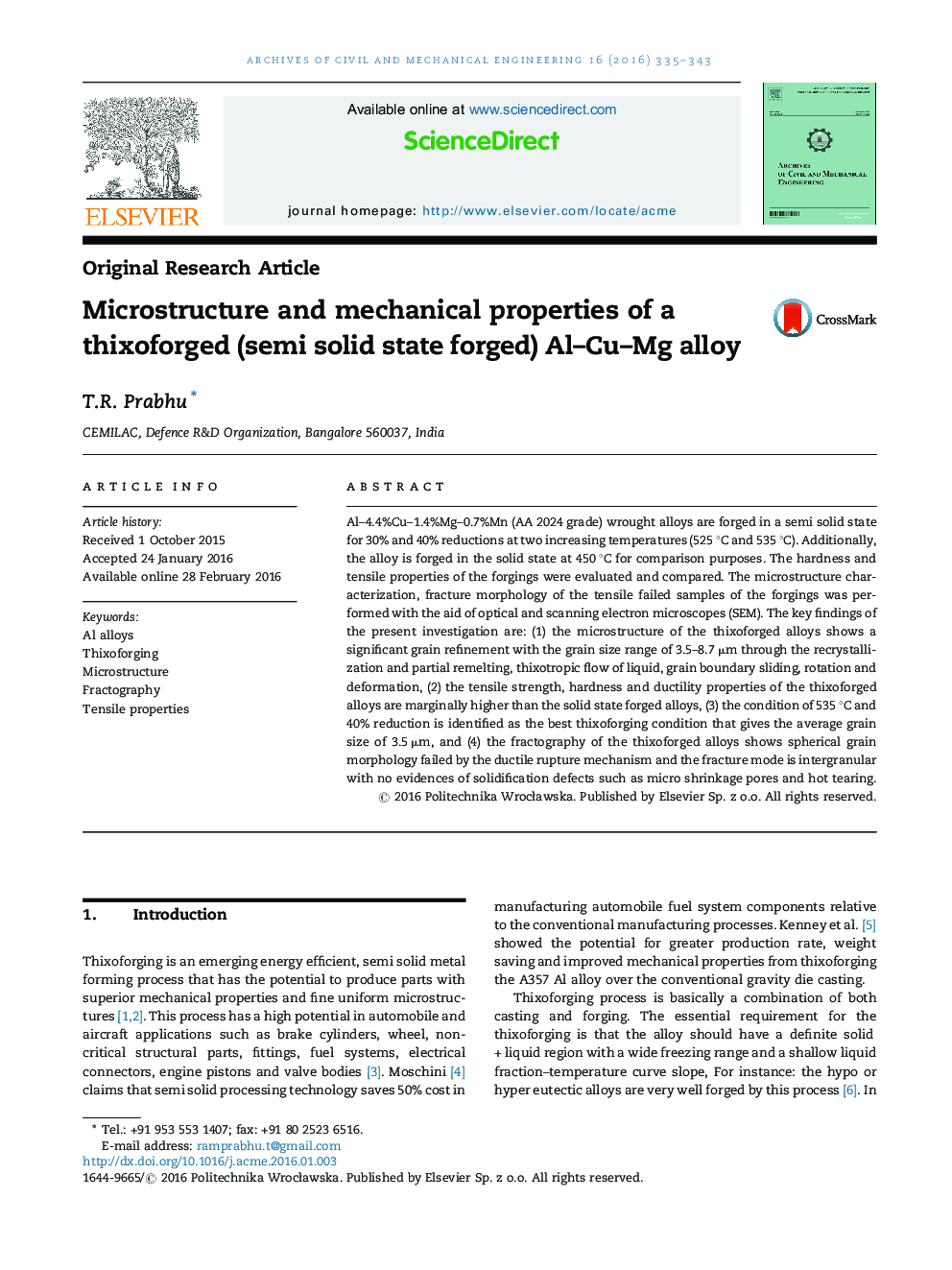 Microstructure and mechanical properties of a thixoforged (semi solid state forged) Al–Cu–Mg alloy