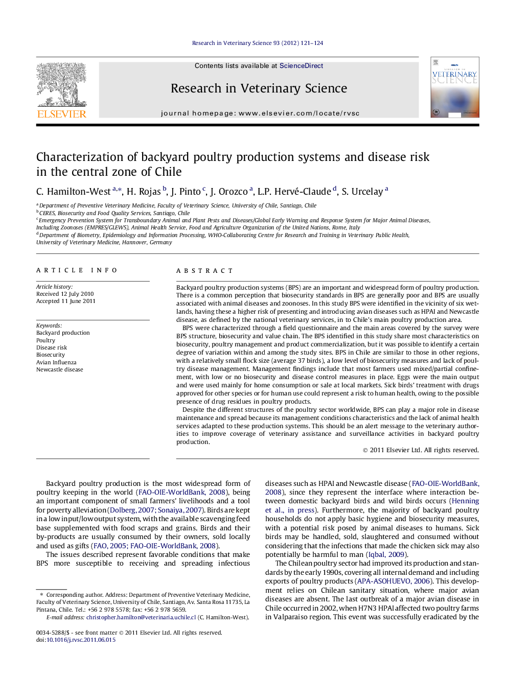 Characterization of backyard poultry production systems and disease risk in the central zone of Chile