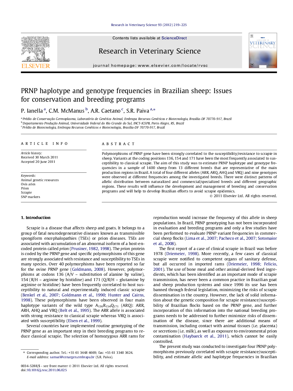 PRNP haplotype and genotype frequencies in Brazilian sheep: Issues for conservation and breeding programs