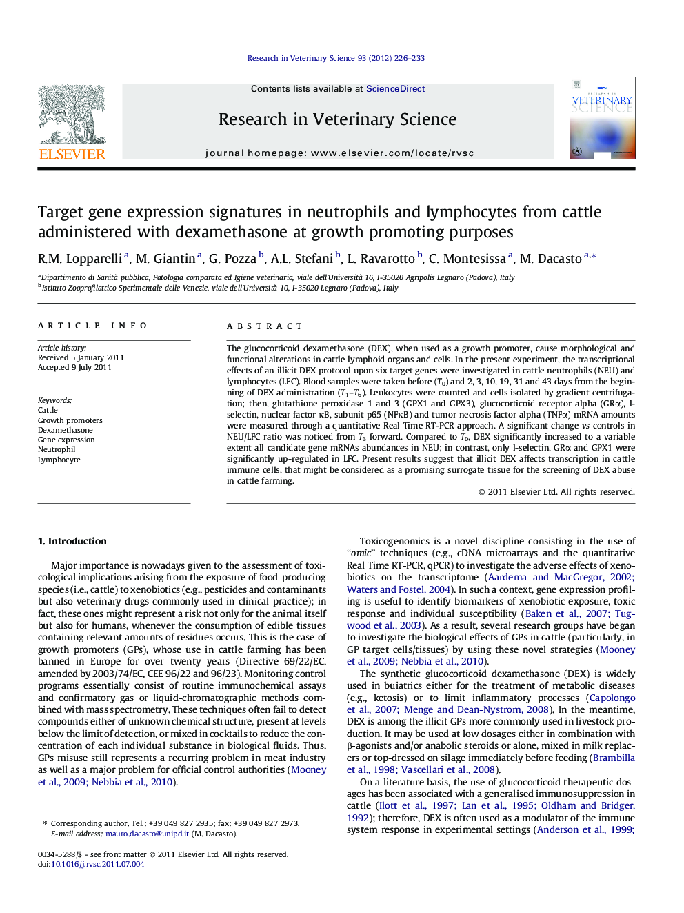 Target gene expression signatures in neutrophils and lymphocytes from cattle administered with dexamethasone at growth promoting purposes