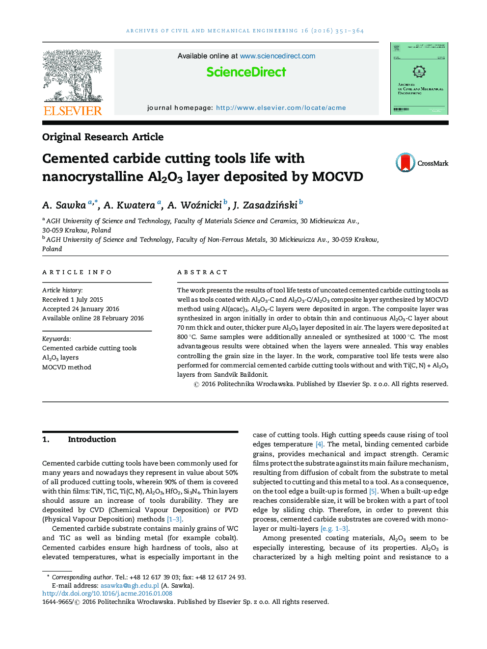 Cemented carbide cutting tools life with nanocrystalline Al2O3 layer deposited by MOCVD