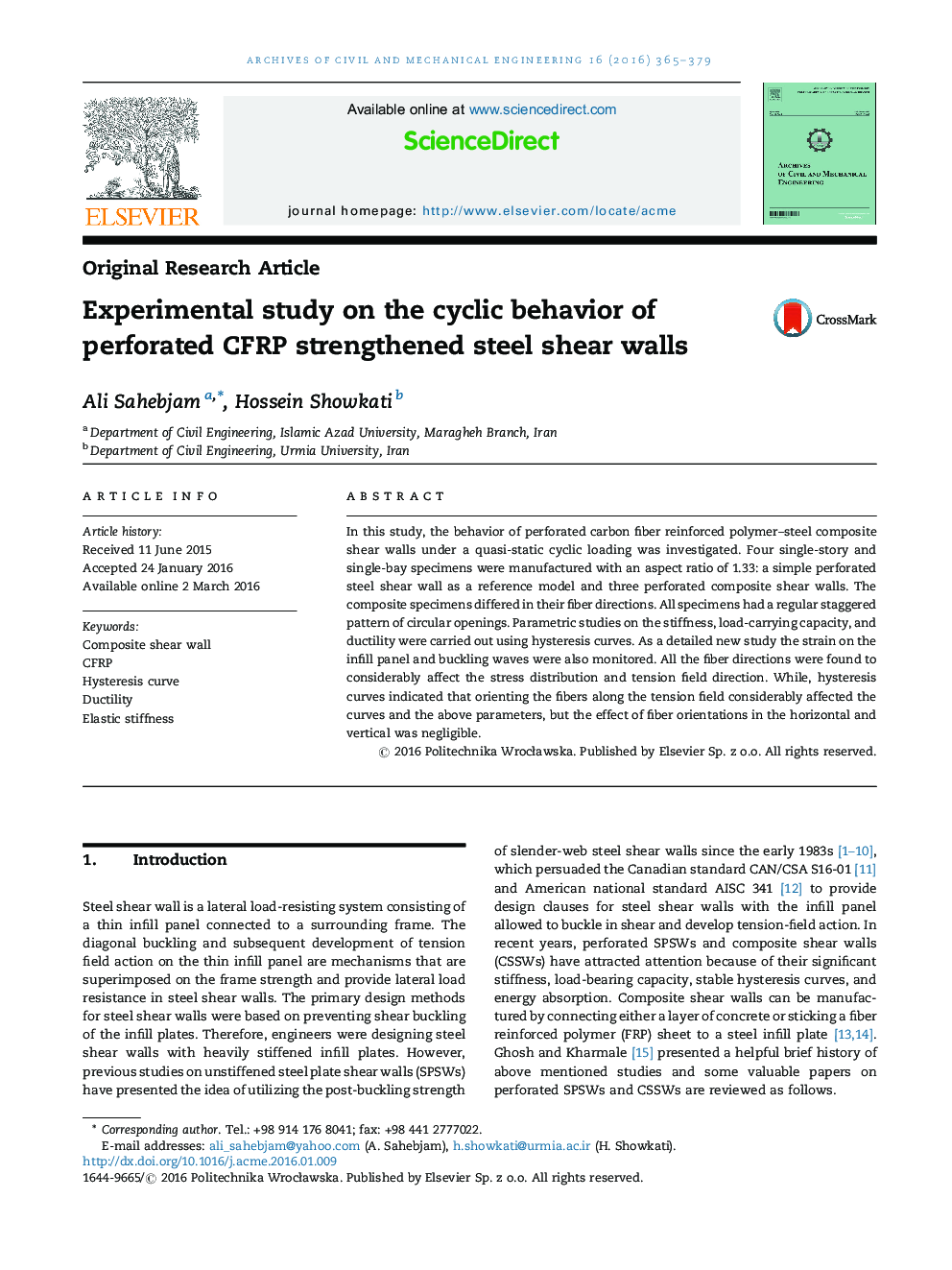 Experimental study on the cyclic behavior of perforated CFRP strengthened steel shear walls