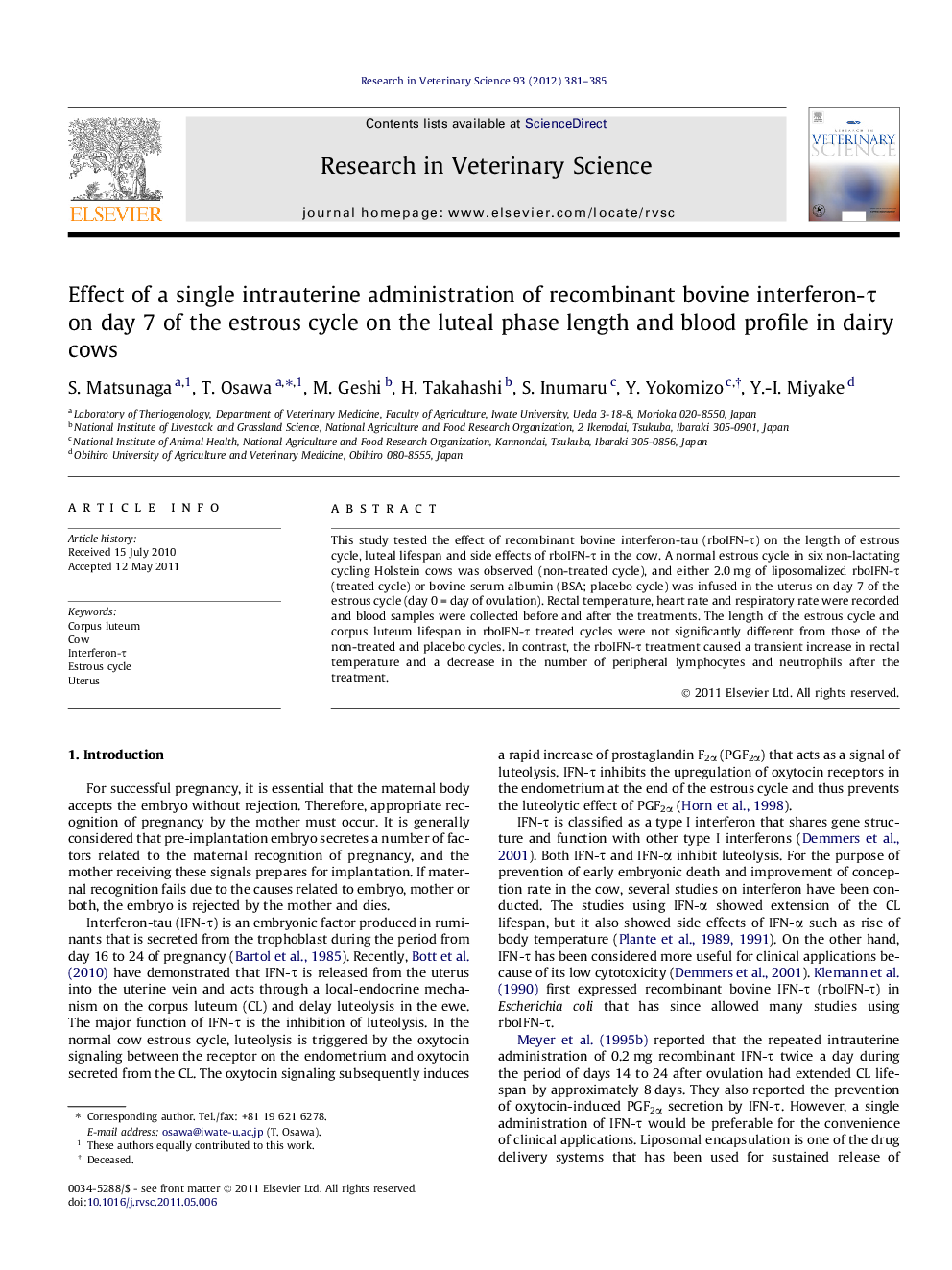 Effect of a single intrauterine administration of recombinant bovine interferon-τ on day 7 of the estrous cycle on the luteal phase length and blood profile in dairy cows