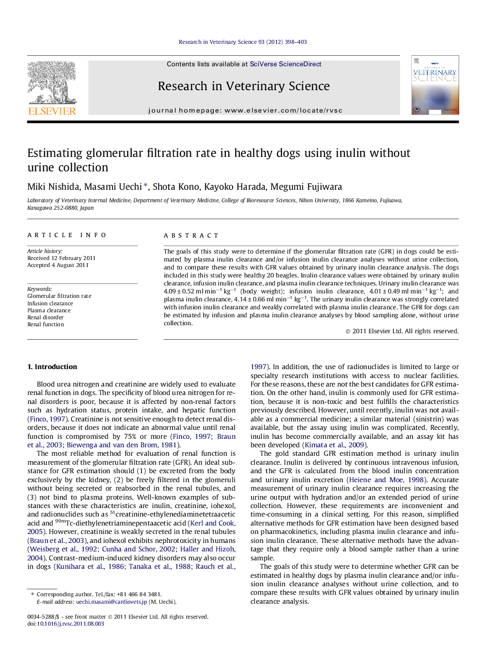 Estimating glomerular filtration rate in healthy dogs using inulin without urine collection