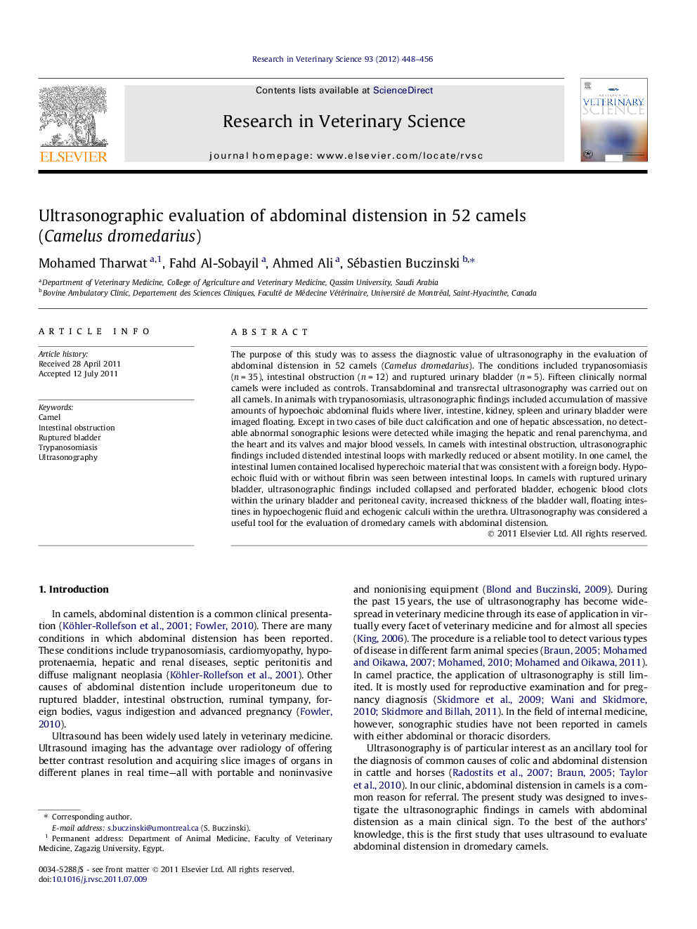 Ultrasonographic evaluation of abdominal distension in 52 camels (Camelus dromedarius)