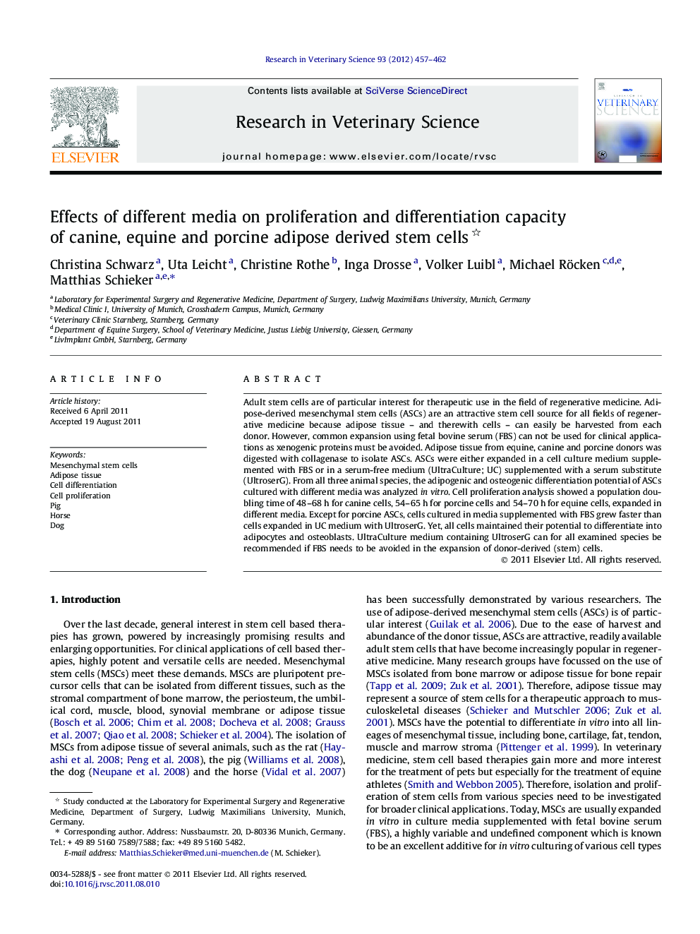 Effects of different media on proliferation and differentiation capacity of canine, equine and porcine adipose derived stem cells 