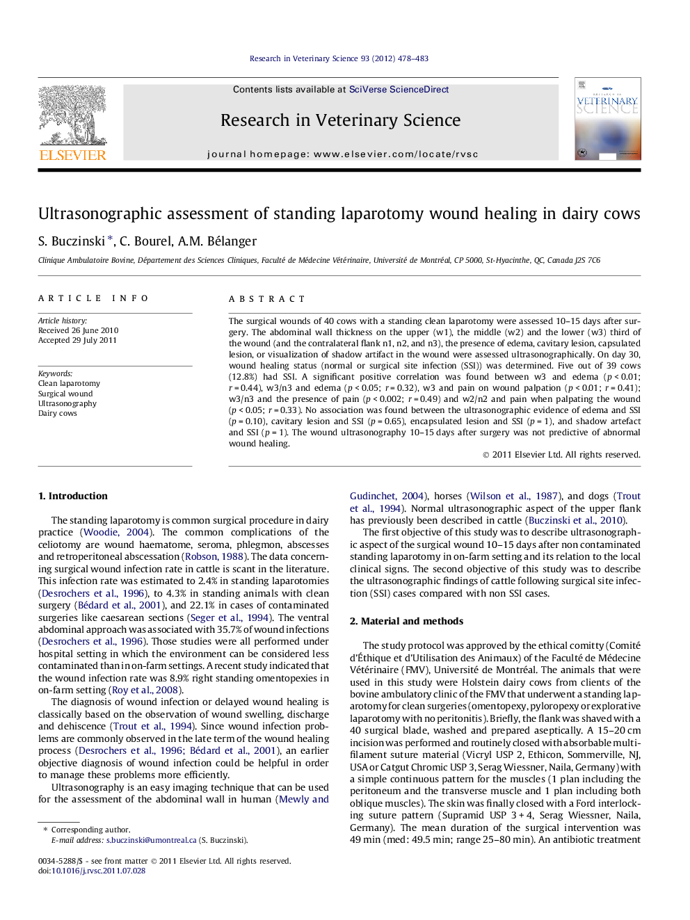 Ultrasonographic assessment of standing laparotomy wound healing in dairy cows