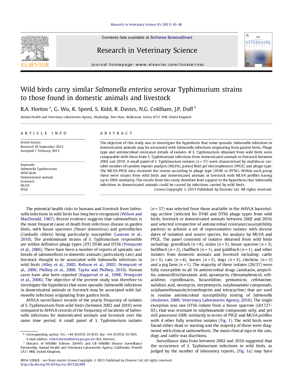 Wild birds carry similar Salmonella enterica serovar Typhimurium strains to those found in domestic animals and livestock