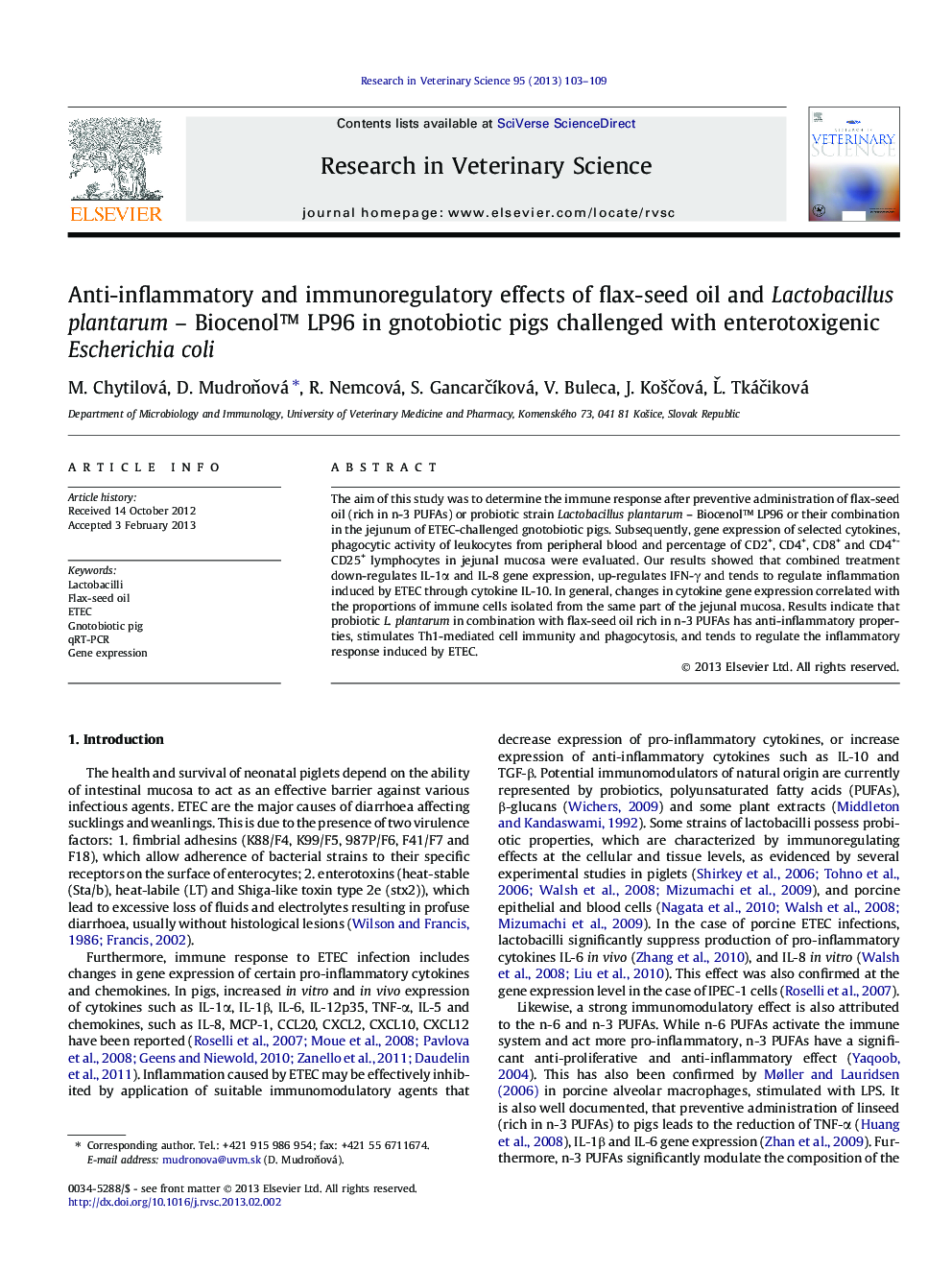 Anti-inflammatory and immunoregulatory effects of flax-seed oil and Lactobacillus plantarum – Biocenol™ LP96 in gnotobiotic pigs challenged with enterotoxigenic Escherichia coli