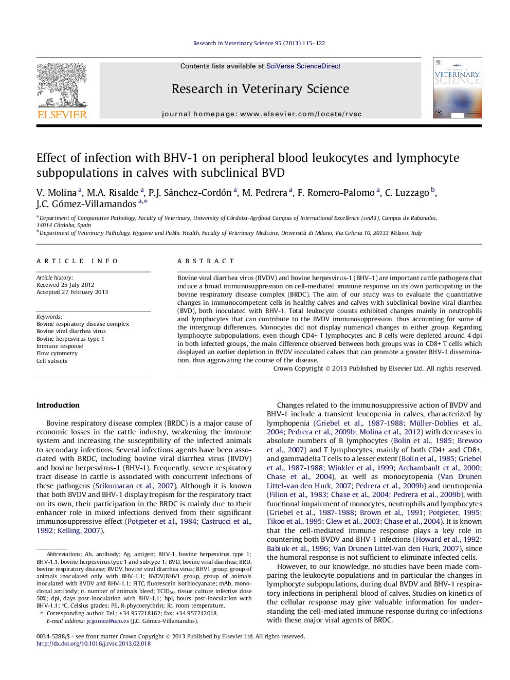 Effect of infection with BHV-1 on peripheral blood leukocytes and lymphocyte subpopulations in calves with subclinical BVD