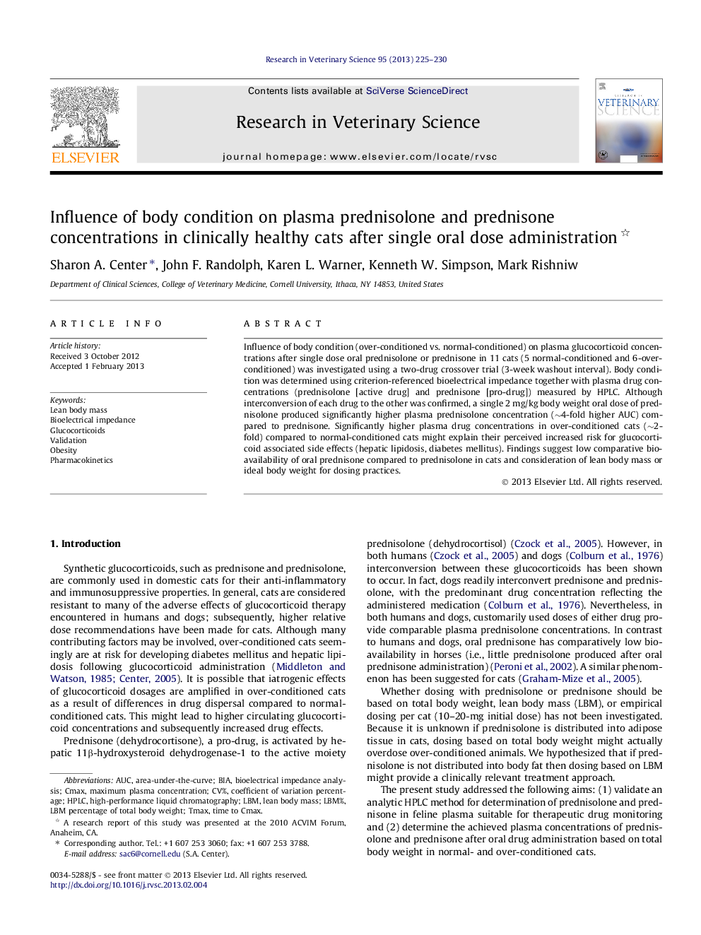 Influence of body condition on plasma prednisolone and prednisone concentrations in clinically healthy cats after single oral dose administration 