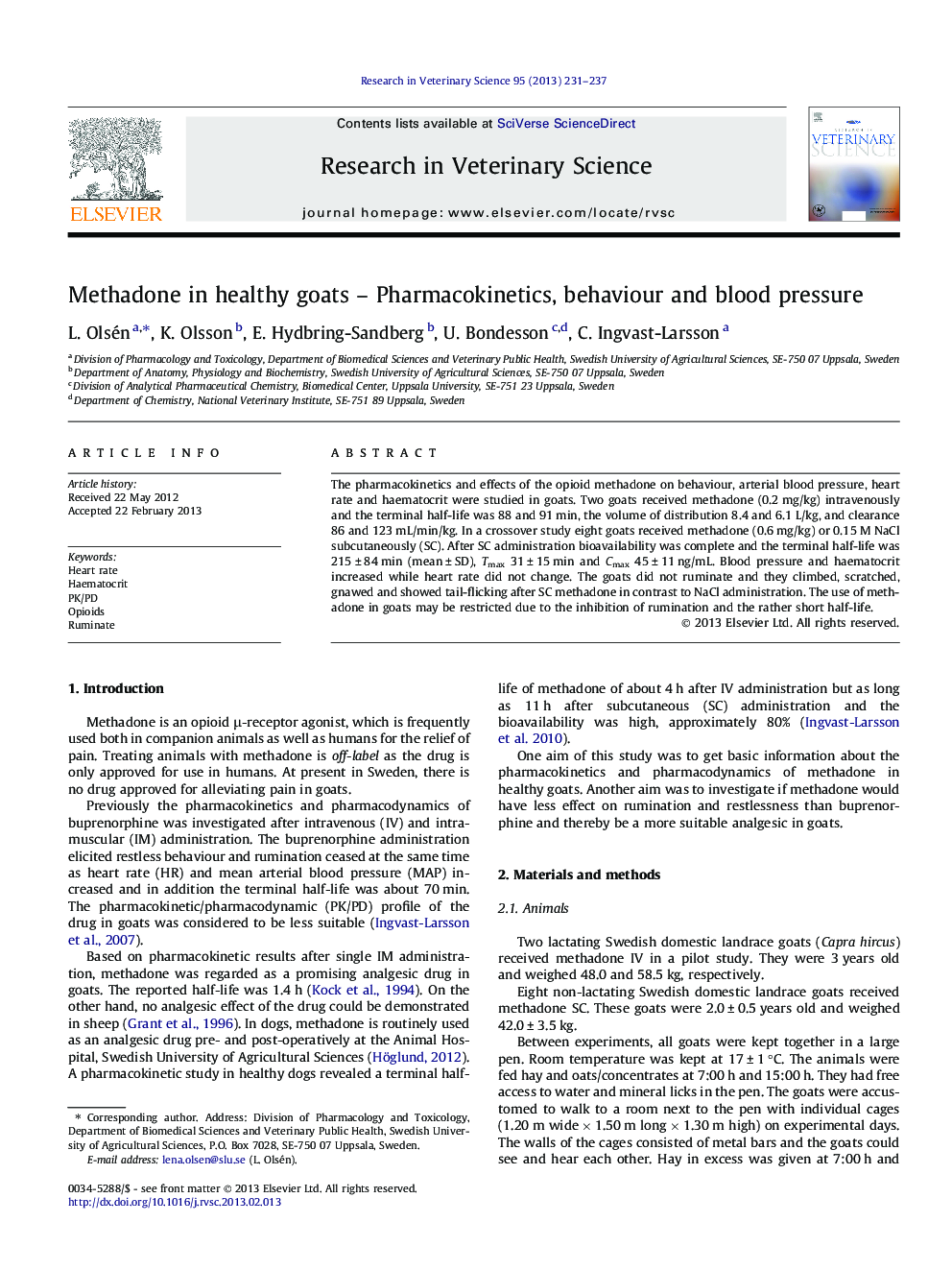 Methadone in healthy goats – Pharmacokinetics, behaviour and blood pressure