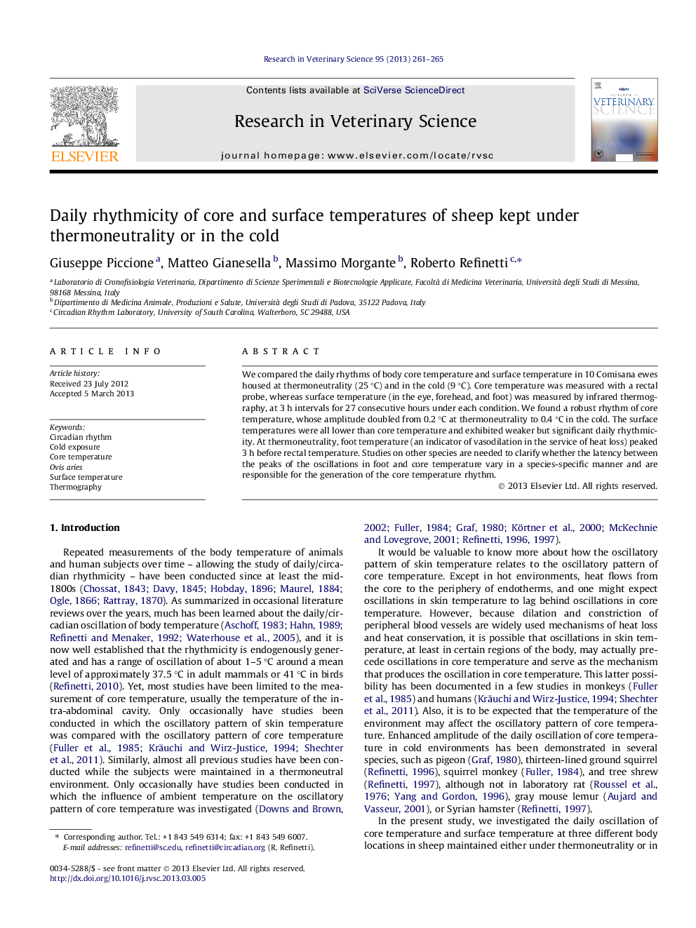 Daily rhythmicity of core and surface temperatures of sheep kept under thermoneutrality or in the cold