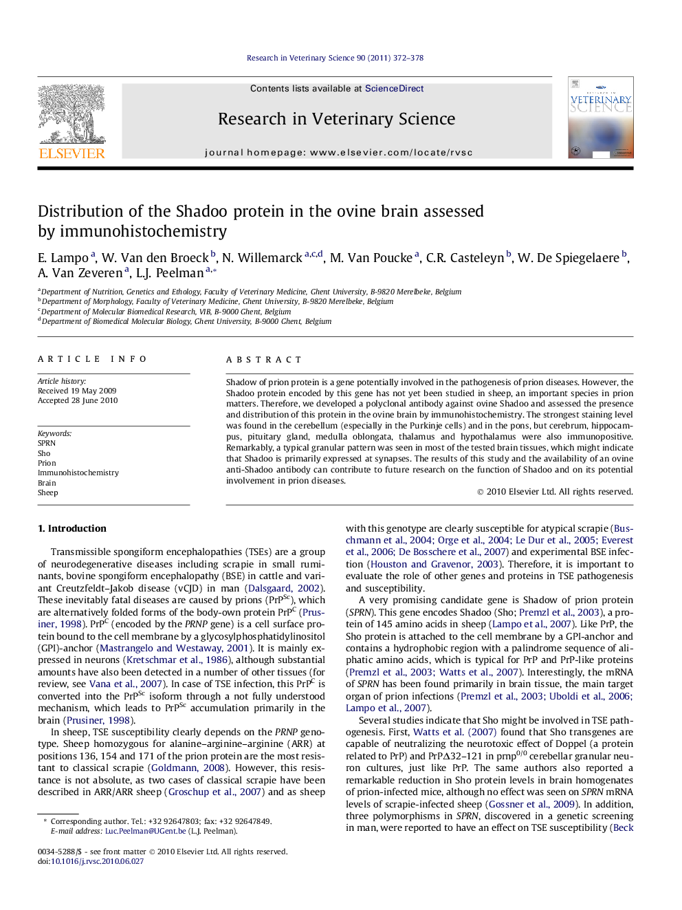 Distribution of the Shadoo protein in the ovine brain assessed by immunohistochemistry