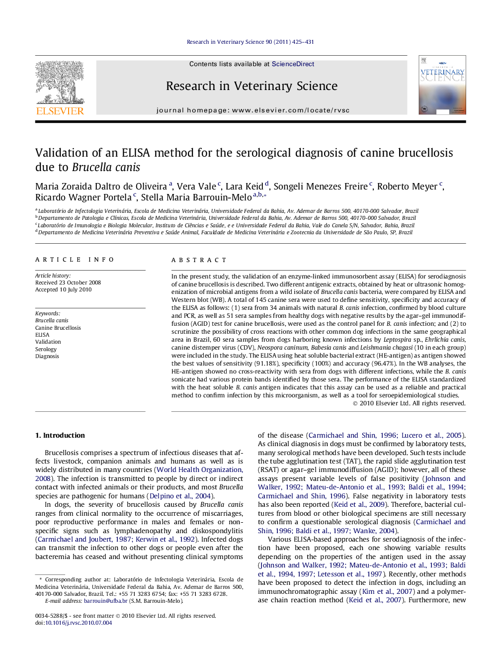 Validation of an ELISA method for the serological diagnosis of canine brucellosis due to Brucella canis