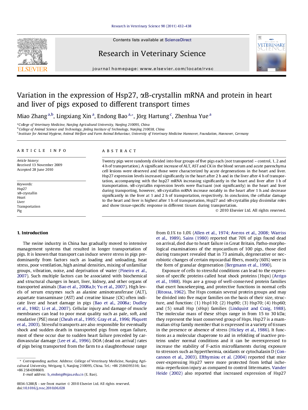 Variation in the expression of Hsp27, αB-crystallin mRNA and protein in heart and liver of pigs exposed to different transport times