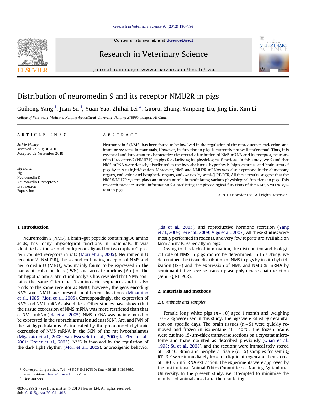 Distribution of neuromedin S and its receptor NMU2R in pigs