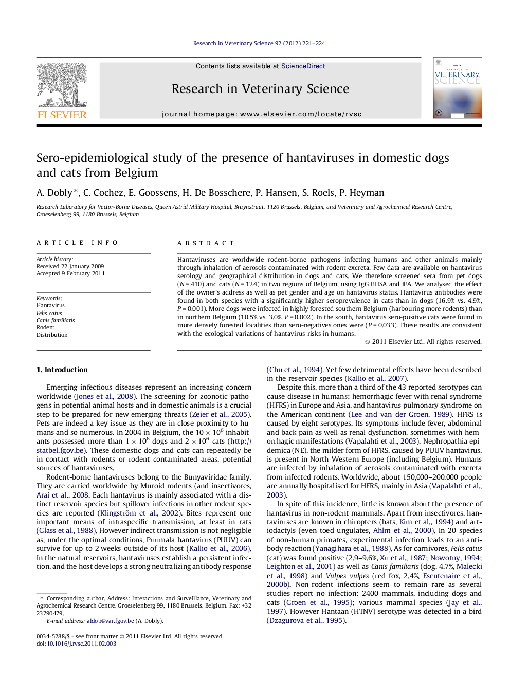 Sero-epidemiological study of the presence of hantaviruses in domestic dogs and cats from Belgium