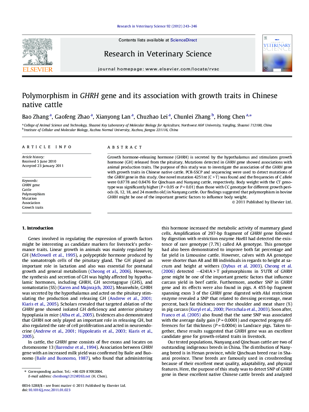 Polymorphism in GHRH gene and its association with growth traits in Chinese native cattle