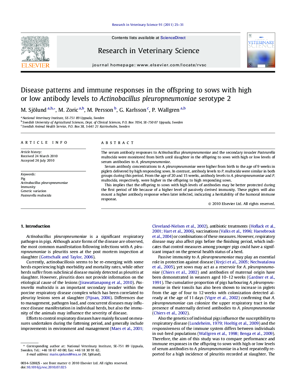 Disease patterns and immune responses in the offspring to sows with high or low antibody levels to Actinobacillus pleuropneumoniae serotype 2