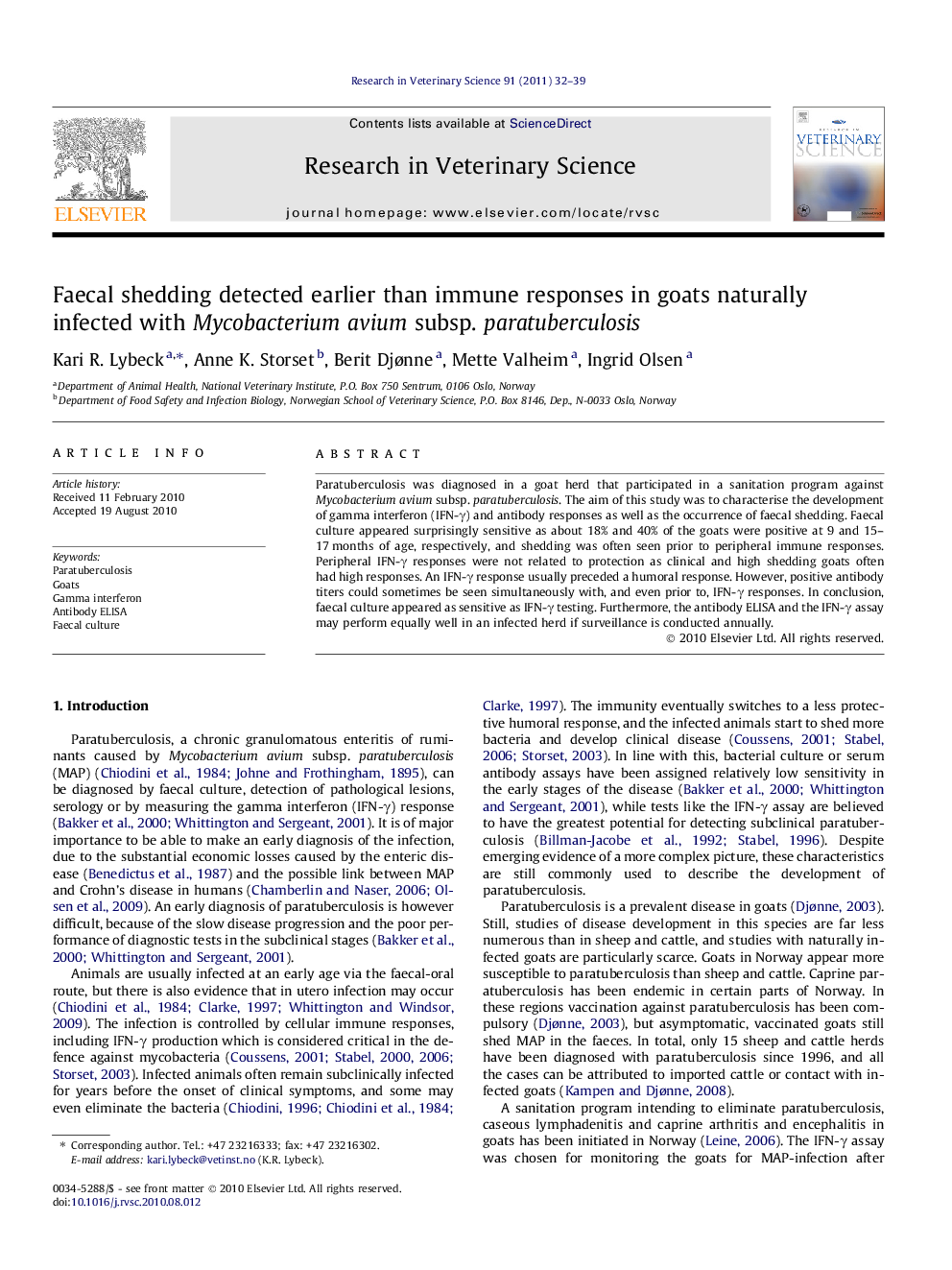 Faecal shedding detected earlier than immune responses in goats naturally infected with Mycobacterium avium subsp. paratuberculosis