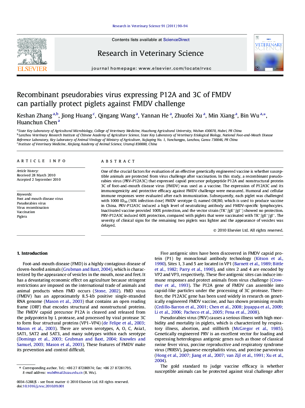 Recombinant pseudorabies virus expressing P12A and 3C of FMDV can partially protect piglets against FMDV challenge