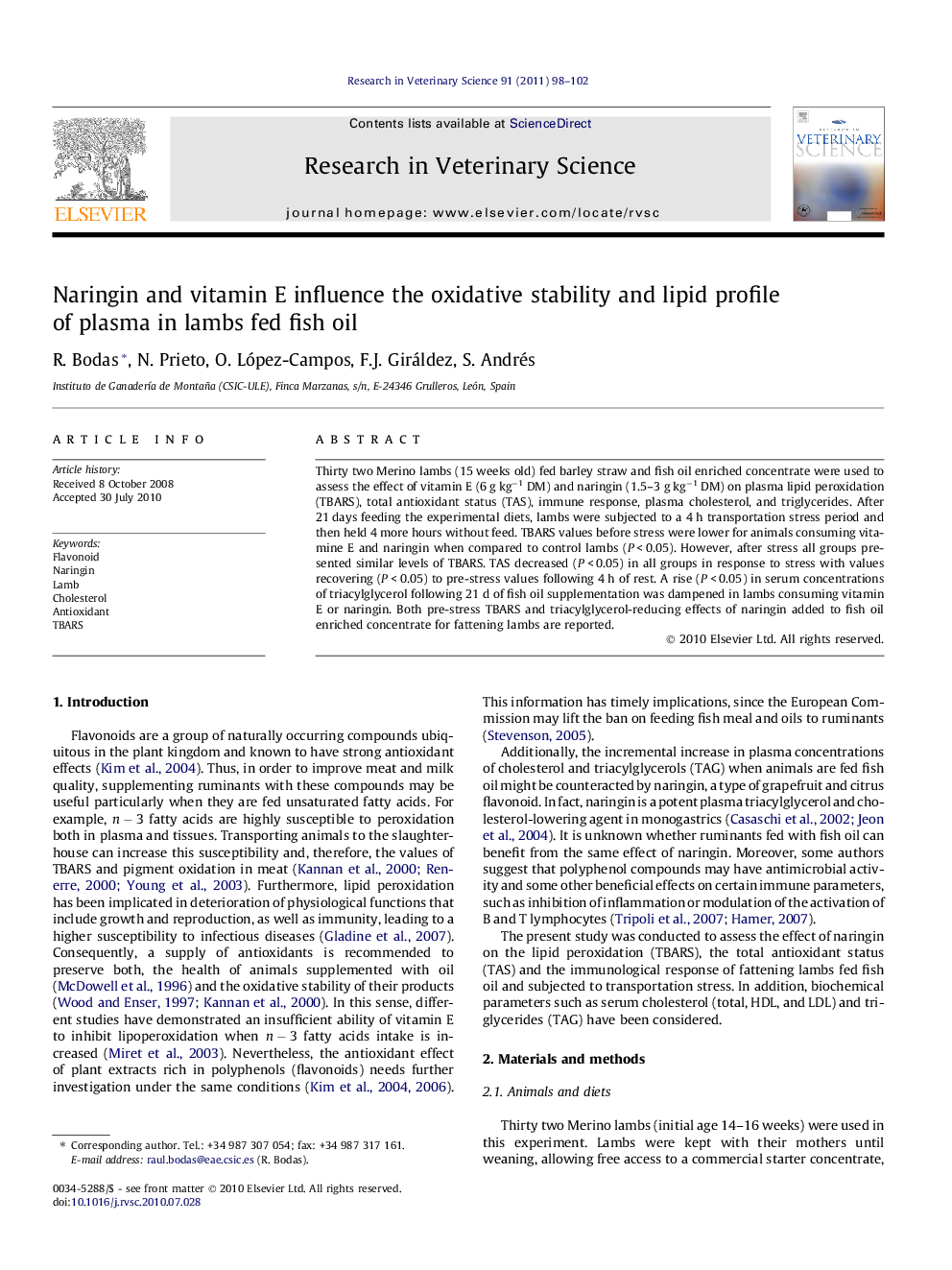 Naringin and vitamin E influence the oxidative stability and lipid profile of plasma in lambs fed fish oil