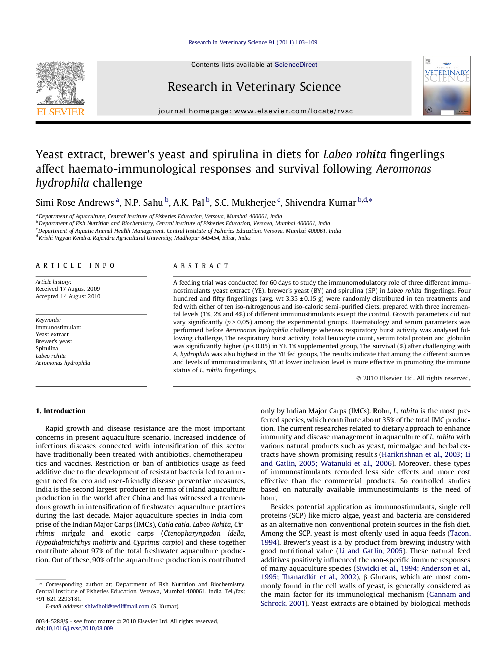 Yeast extract, brewer’s yeast and spirulina in diets for Labeo rohita fingerlings affect haemato-immunological responses and survival following Aeromonas hydrophila challenge