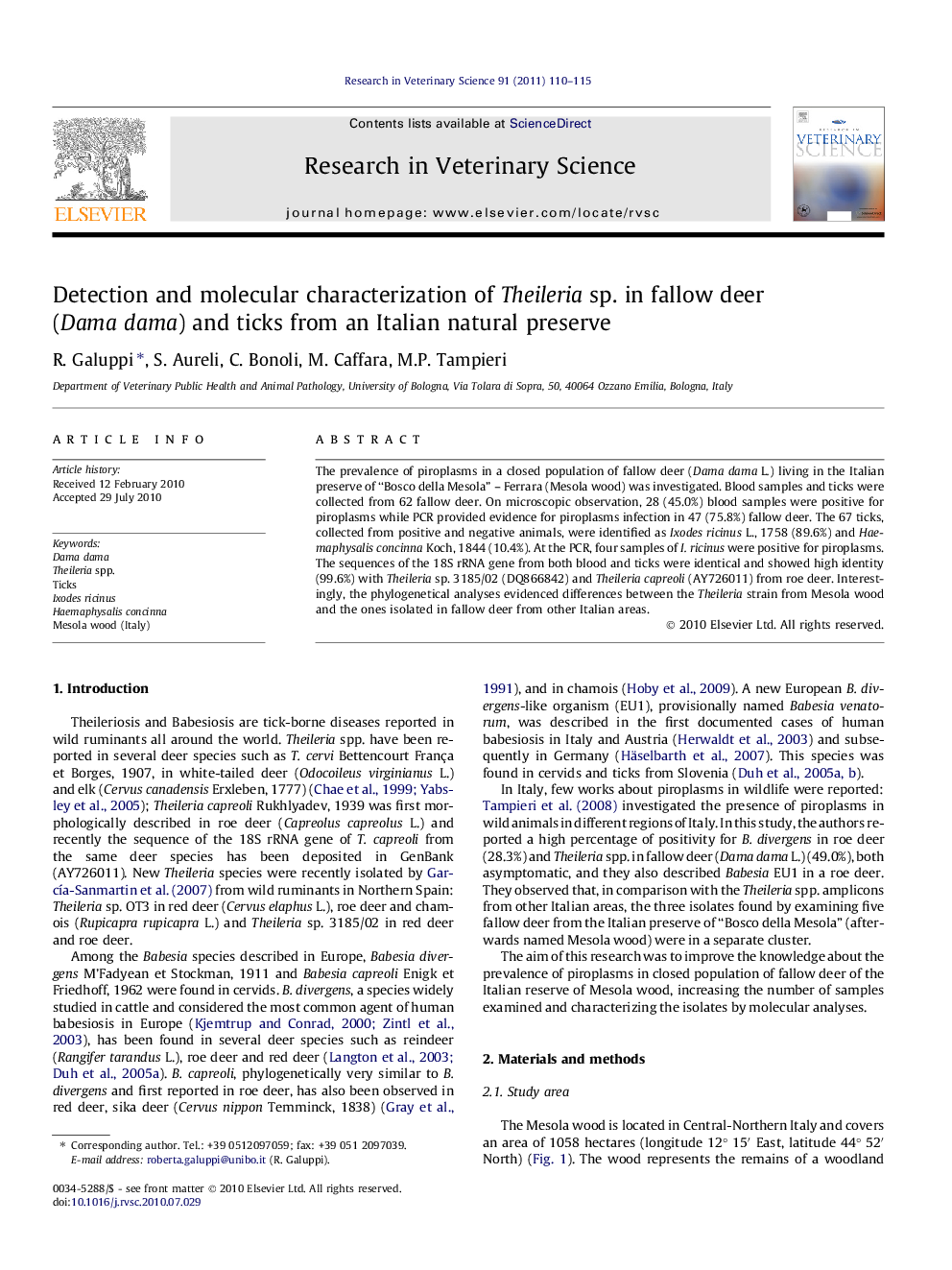 Detection and molecular characterization of Theileria sp. in fallow deer (Dama dama) and ticks from an Italian natural preserve