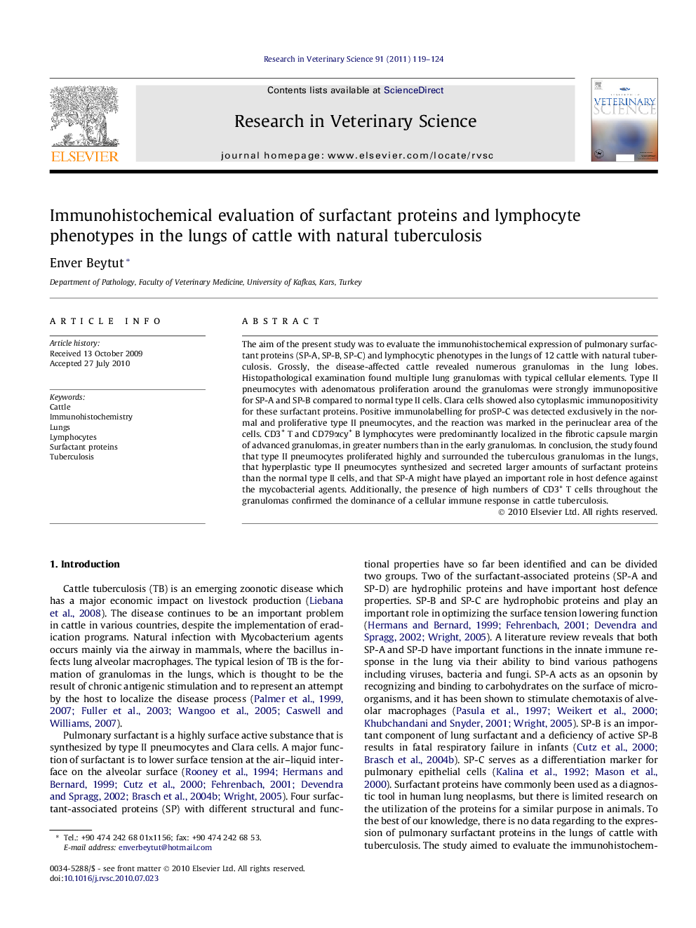 Immunohistochemical evaluation of surfactant proteins and lymphocyte phenotypes in the lungs of cattle with natural tuberculosis