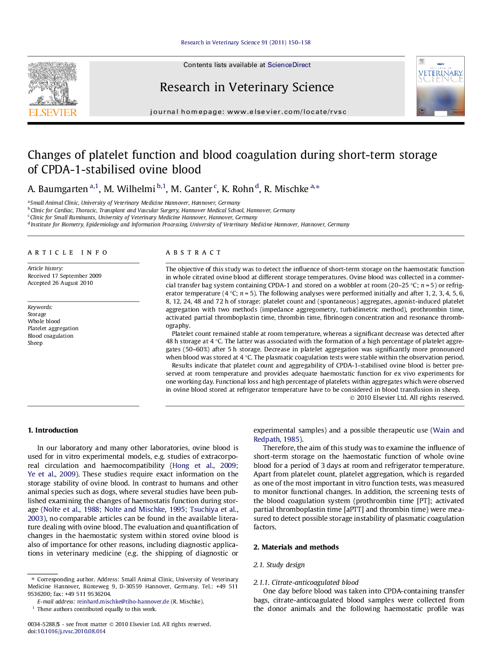 Changes of platelet function and blood coagulation during short-term storage of CPDA-1-stabilised ovine blood