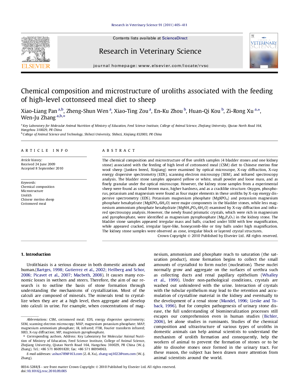 Chemical composition and microstructure of uroliths associated with the feeding of high-level cottonseed meal diet to sheep