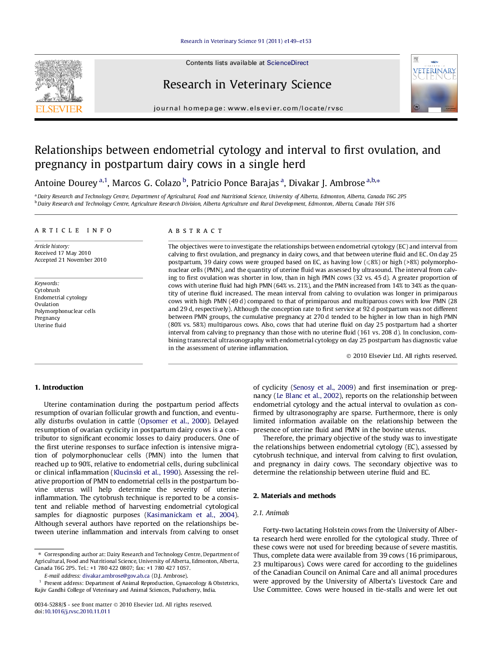 Relationships between endometrial cytology and interval to first ovulation, and pregnancy in postpartum dairy cows in a single herd