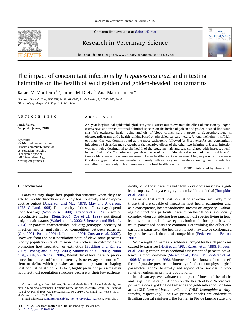 The impact of concomitant infections by Trypanosoma cruzi and intestinal helminths on the health of wild golden and golden-headed lion tamarins